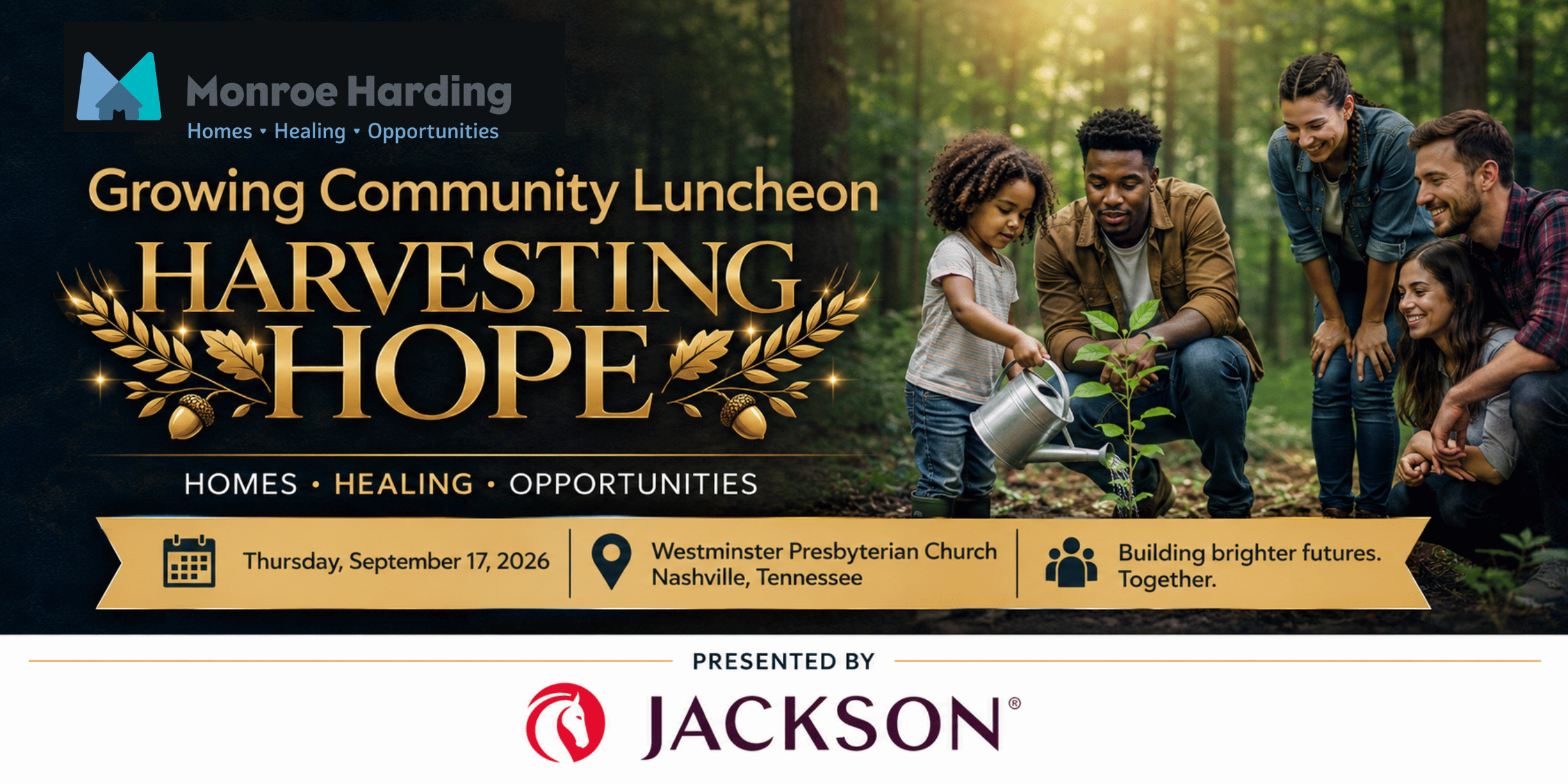 Promotional banner for ‘Growing Community Luncheon: Harvesting Hope’ with a group planting a sapling in a forest.